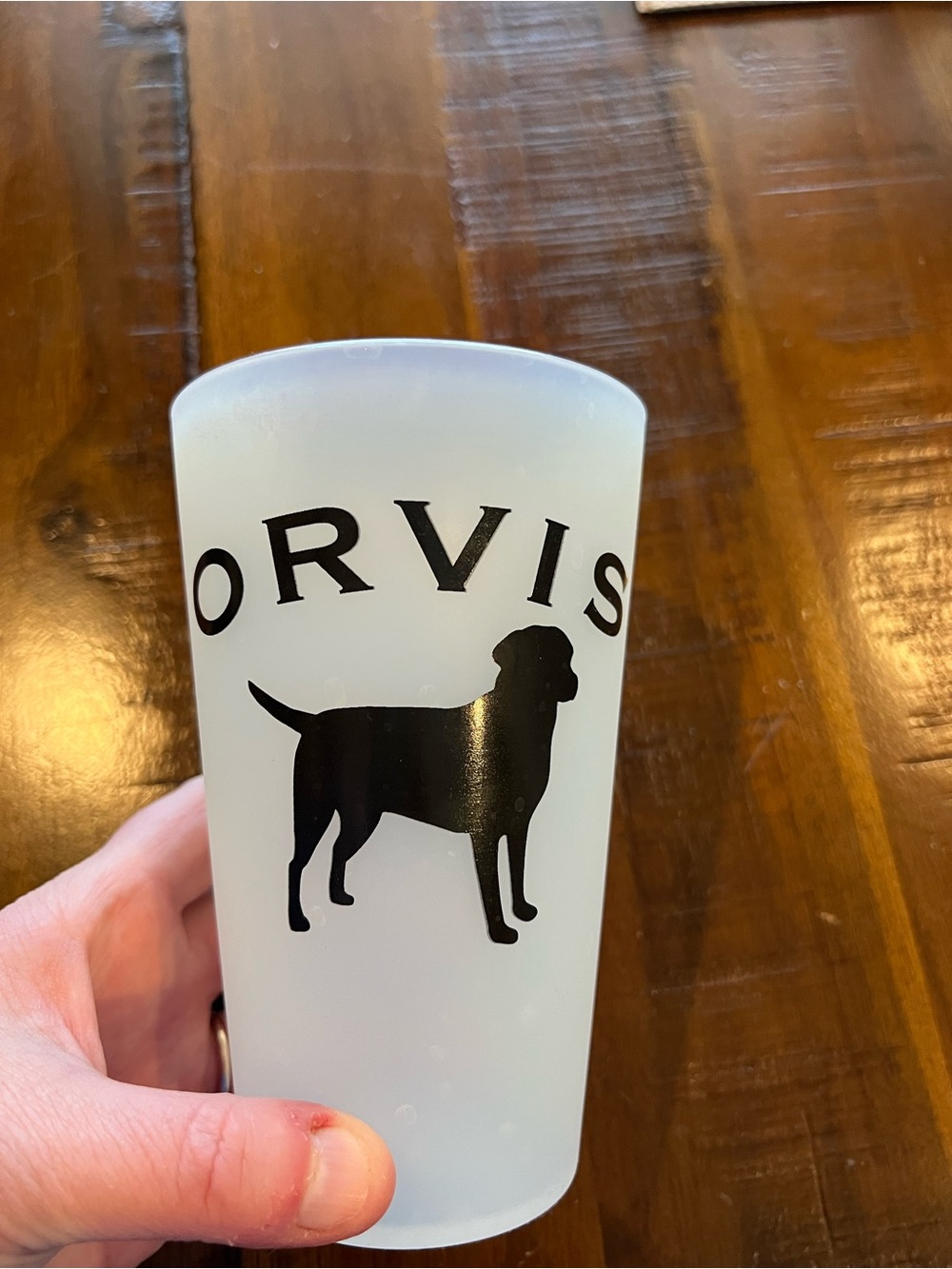 Orvis Frosted White Silicone Pint Glass with Black Dog Silhouette—like new!